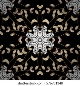 Golden Seamless Wallpaper, Vector Background. Snowflake, Christmas, New Year. Golden grid. Luxury background. Vintage pattern. Floral. Black background. Radial gradient shape.