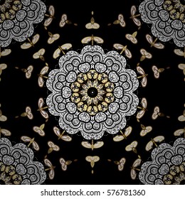Golden Seamless Wallpaper, Vector Background. Snowflake, Christmas, New Year. Golden grid. Luxury background. Vintage pattern. Floral. Black background. Radial gradient shape.