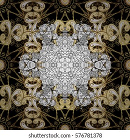 Golden Seamless Wallpaper, Vector Background. Snowflake, Christmas, New Year. Golden grid. Luxury background. Vintage pattern. Floral. Black background. Radial gradient shape.