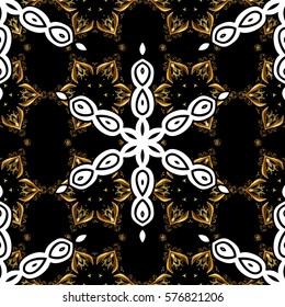 Golden Seamless Wallpaper, Vector Background. Snowflake, Christmas, New Year. Golden grid. Luxury background. Vintage pattern. Floral. Black background.