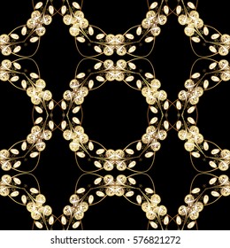 Golden Seamless Wallpaper, Vector Background. Snowflake, Christmas, New Year. Golden grid. Luxury background. Vintage pattern. Floral. Black background.