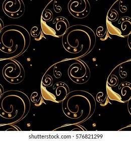 Golden Seamless Wallpaper, Vector Background. Snowflake, Christmas, New Year. Golden grid. Luxury background. Vintage pattern. Floral. Black background.