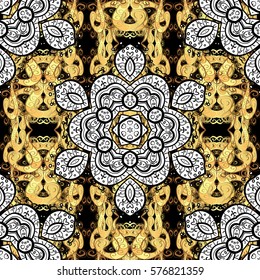 Golden Seamless Wallpaper, Vector Background. Snowflake, Christmas, New Year. Golden grid. Luxury background. Vintage pattern. Floral. Black background. White mandala.