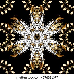Golden Seamless Wallpaper, Vector Background. Snowflake, Christmas, New Year. Golden grid. Luxury background. Vintage pattern. Floral. Black background. White mandala.