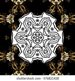 Golden Seamless Wallpaper, Vector Background. Snowflake, Christmas, New Year. Golden grid. Luxury background. Vintage pattern. Floral. Black background. White mandala.