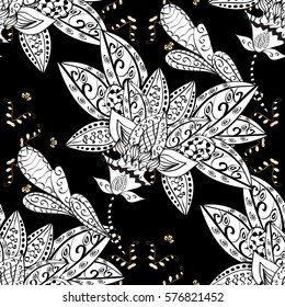 Golden Seamless Wallpaper, Vector Background. Snowflake, Christmas, New Year. Golden grid. Luxury background. Vintage pattern. Floral. Black background.
