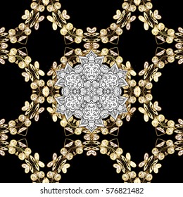 Golden Seamless Wallpaper, Vector Background. Snowflake, Christmas, New Year. Golden grid. Luxury background. Vintage pattern. Floral. Black background. White mandala.