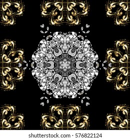 Golden Seamless Wallpaper, Vector Background. Snowflake, Christmas, New Year. Golden grid. Luxury background. Vintage pattern. Floral. Black background. White mandala.