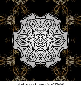 Golden Seamless Wallpaper, Vector Background. Snowflake, Christmas, New Year. Golden grid. Luxury background. Vintage pattern. Floral. Black background. White mandala. Radial gradient shape.
