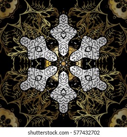 Golden Seamless Wallpaper, Vector Background. Snowflake, Christmas, New Year. Golden grid. Luxury background. Vintage pattern. Floral. Black background. White mandala. Radial gradient shape.