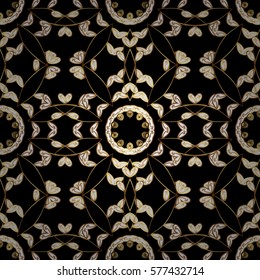 Golden Seamless Wallpaper, Vector Background. Snowflake, Christmas, New Year. Golden grid. Luxury background. Vintage pattern. Floral. Black background. Radial gradient shape.