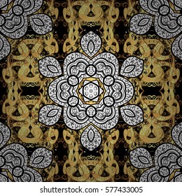 Golden Seamless Wallpaper, Vector Background. Snowflake, Christmas, New Year. Golden grid. Luxury background. Vintage pattern. Floral. Black background. White mandala. Radial gradient shape.