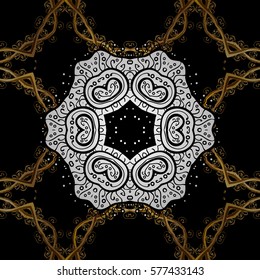 Golden Seamless Wallpaper, Vector Background. Snowflake, Christmas, New Year. Golden grid. Luxury background. Vintage pattern. Floral. Black background. White mandala. Radial gradient shape.