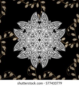 Golden Seamless Wallpaper, Vector Background. Snowflake, Christmas, New Year. Golden grid. Luxury background. Vintage pattern. Floral. Black background. White mandala. Radial gradient shape.