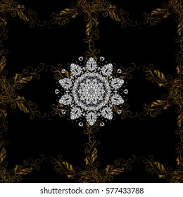 Golden Seamless Wallpaper, Vector Background. Snowflake, Christmas, New Year. Golden grid. Luxury background. Vintage pattern. Floral. Black background. White mandala. Radial gradient shape.