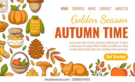Golden season, autumn time, landing page vector template. Colorful seasonal fall cozy elements from fox, warm clothes, mushroom, pumpkin, harvest. For website, web, online, banner. Isolated background