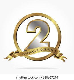 golden second anniversary logo vector with isolated number in a circle and a ribbon below with shadow effect