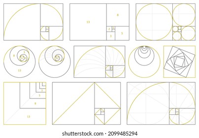 Golden section, fibonacci numbers, ideal proportions ratio. Geometry harmony gold fibonacci spiral ratio, vector illustration set. Spiral proportion elements. Ideal mathematics composition