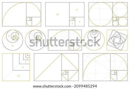 Golden section, fibonacci numbers, ideal proportions ratio. Geometry harmony gold fibonacci spiral ratio, vector illustration set. Spiral proportion elements. Ideal mathematics composition
