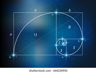 Golden section (ratio, divine proportion) and golden spiral on starry sky, astronomy concept, vector transparent