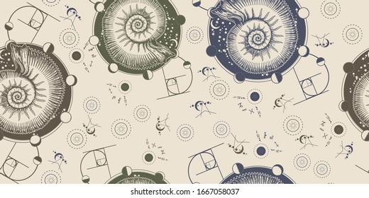 Golden Section. Space Ammonite and moon phases, sacred geometry. Seamless pattern. Packing old paper, scrapbooking style. Vintage background. Medieval manuscript, engraving art 