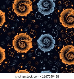 Golden Section. Space Ammonite and moon phases, sacred geometry. Seamless pattern. Packing old paper, scrapbooking style. Vintage background. Medieval manuscript, engraving art 