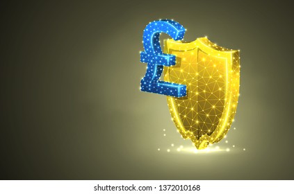 Golden security shield with British Pound currency sign, abstract colorful 3d illustration. Polygonal Vector business concept of safety, money protection. Low poly wireframe, triangles, lines, dots