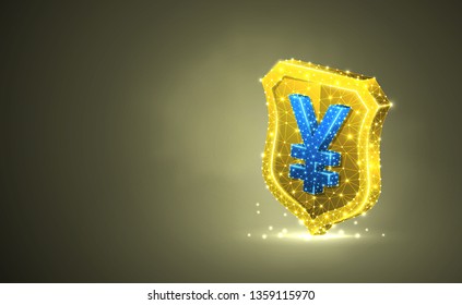 Golden security shield with Japanese Yen currency sign, abstract colorful 3d illustration. Polygonal Vector business concept of safety, money protection. Low poly wireframe, triangles, lines, dots