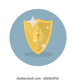 Golden security shield with lock and PROTECTED. vector illustration.
