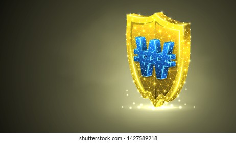 Golden security shield with South Korean Won currency sign. Polygonal concept of safety, money protection. Abstract, digital, wireframe low poly mesh vector colorful 3d illustration. Triangle line dot