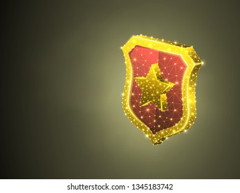 Golden Security shield with star sign abstract colorful 3d illustration. Polygonal Vector business concept of protection. Low poly wireframe, geometry triangle, lines, dots, polygons