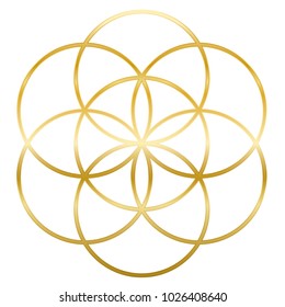 Golden Seed of Life. Precursor of Flower of Life symbol. Unique geometrical figure, composed of seven overlapping circles of same size, forming the symmetrical structure of a hexagon.