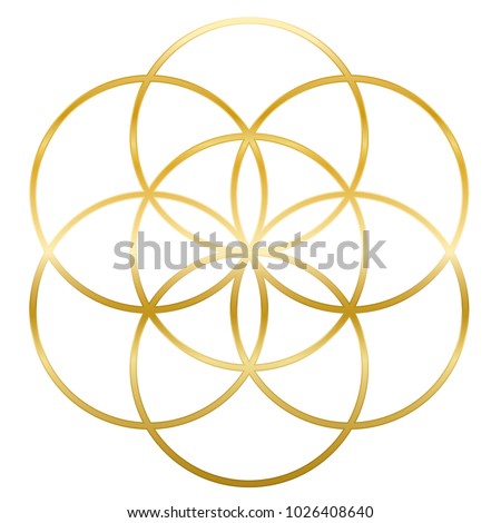 Golden Seed of Life. Precursor of Flower of Life symbol. Unique geometrical figure, composed of seven overlapping circles of same size, forming the symmetrical structure of a hexagon.