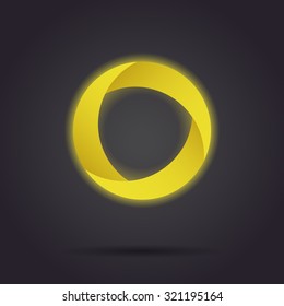 Golden segmented circle icon, o letter logo template, three segments, 3d vector on dark background, eps 10