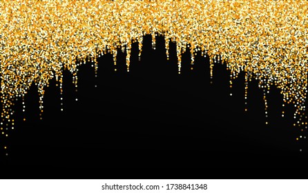 Golden Sequin Shiny Black Background. Transparent Polka Design. Yellow Glow Bright Postcard. Sparkle Falling Invitation.