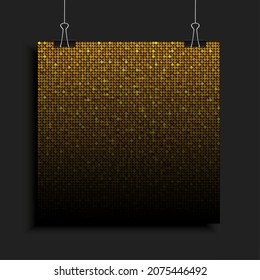 Golden sequins, glitters, sparkles, paillettes, mosaic background template. Abstract luxury halftone vector creative backdrop. Gold rounds with gradient trendy. Vibrant shiny dots glitter texture