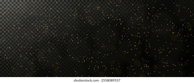 Golden sequins glow with many lights. Festive background or design element. Glittering dust. Golden light. Bokeh lights effect background. Christmas glowing dust. Confetti and glitter texture.