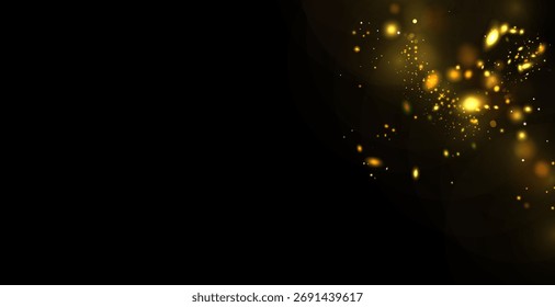 Lentejuelas doradas brillan con muchas luces. Polvo resplandeciente. Lujoso fondo de partículas de oro