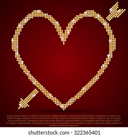 Golden sequins heart with arrow, romantic frame. Sparkle, sequin, glitter for Valentines day banner, background, card, poster. Bright gold texture foil dots. Glisten, luxurious heart symbol Valentine.