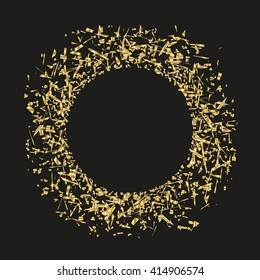 Golden sequins are scattered on a black background. Image for banners, cards, Invitations, postcards, VIP, exclusive, certificate, gift, privilege voucher. Place for your text or message. Vector