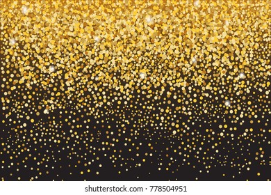 Golden sequins. Splashes of shining particles. A tool with gold drops. A rich background. A vector illustration.