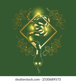 Golden Serpent in Sacred Geometry with Botanical Elements. Vector Illustration