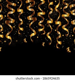 Golden Serpentine in black background. Christmas celebrate design. Greeting card with serpentine and metallic baloons. Design template. Merry christmas. Xmas poster. Holiday concept. Vector banner