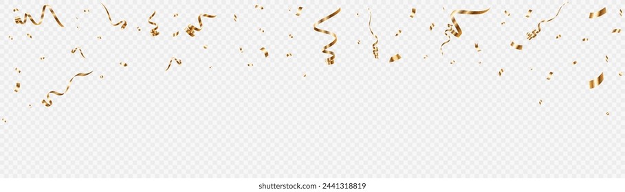 Golden serpentine, bright holiday candies. Falling shiny golden confetti. Bright festive tinsel. Holiday design elements for web banner, poster, flyer, invitation. Vector