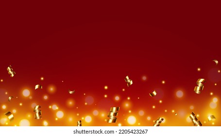Golden serpentine confetti with bokeh on red background. Vector luxury background for Christmas or holiday card decoration.