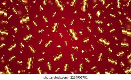 Golden serpentine confetti with bokeh on red background. Vector luxury background for Christmas or holiday card decoration.