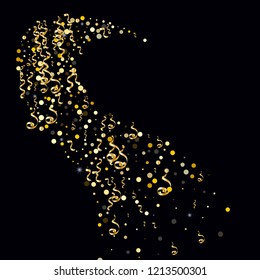 Golden serpentine and confetti on a black background Festive design of wallpaper, background, cover, printing, packaging