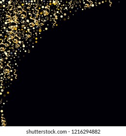 Golden serpentine and confetti on a black background Creative design of wallpaper, background, cover, printing, packaging