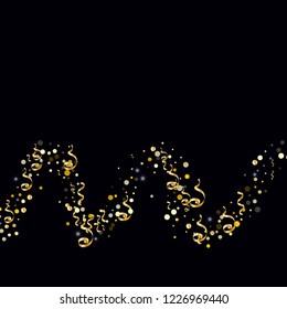 Golden serpentine and confetti on a black background Creative design of wallpaper, background, cover, printing, packaging