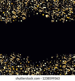 Golden serpentine and confetti on a black background Creative design of wallpaper, background, cover, printing, packaging